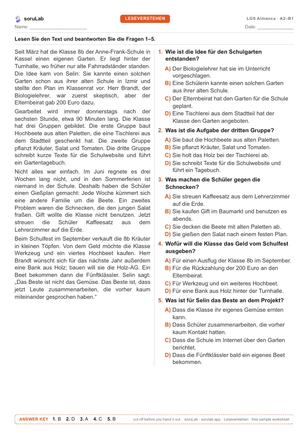 LGS Almanca — Leseverstehen — çalışma kâğıdının ilk sayfası