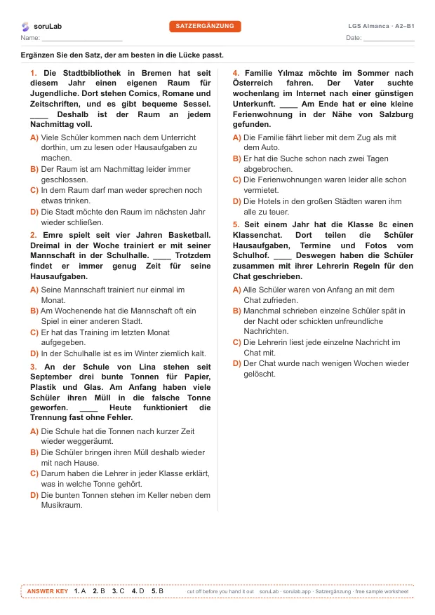 LGS Almanca — Satzergänzung — çalışma kâğıdının ilk sayfası