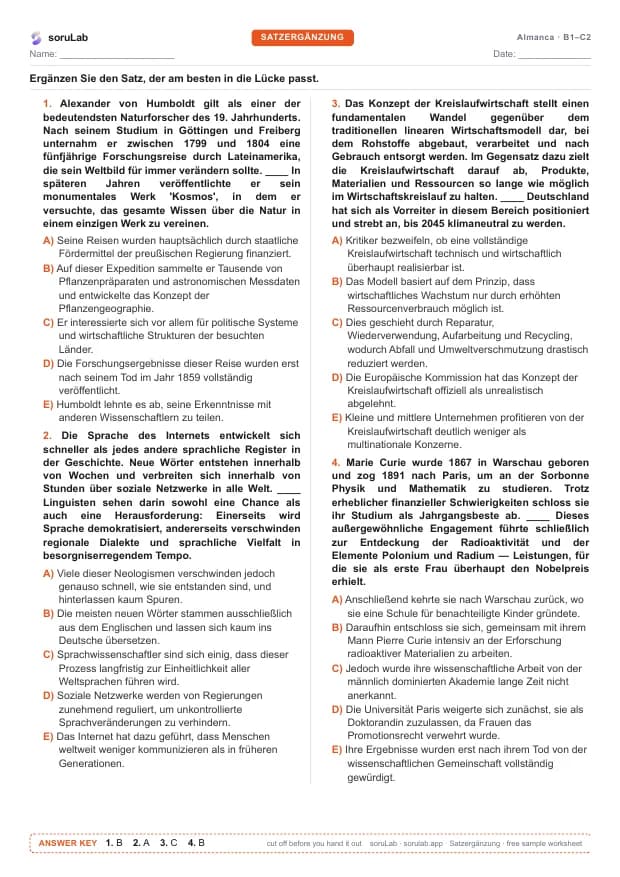 Almanca Satzergänzung — cümle tamamlama — çalışma kâğıdının ilk sayfası