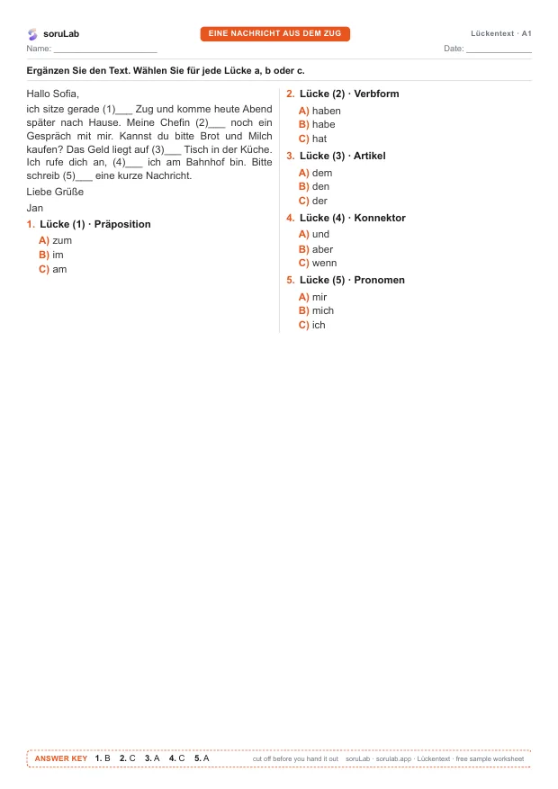 German cloze test A1 — a message from the train — first page of the worksheet