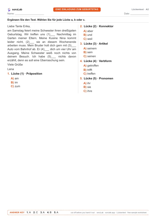 German cloze test A2 — a birthday invitation — first page of the worksheet