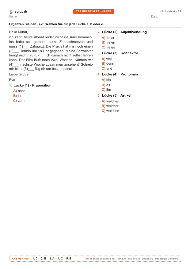 German cloze test A2 — a dentist appointment — first page of the worksheet