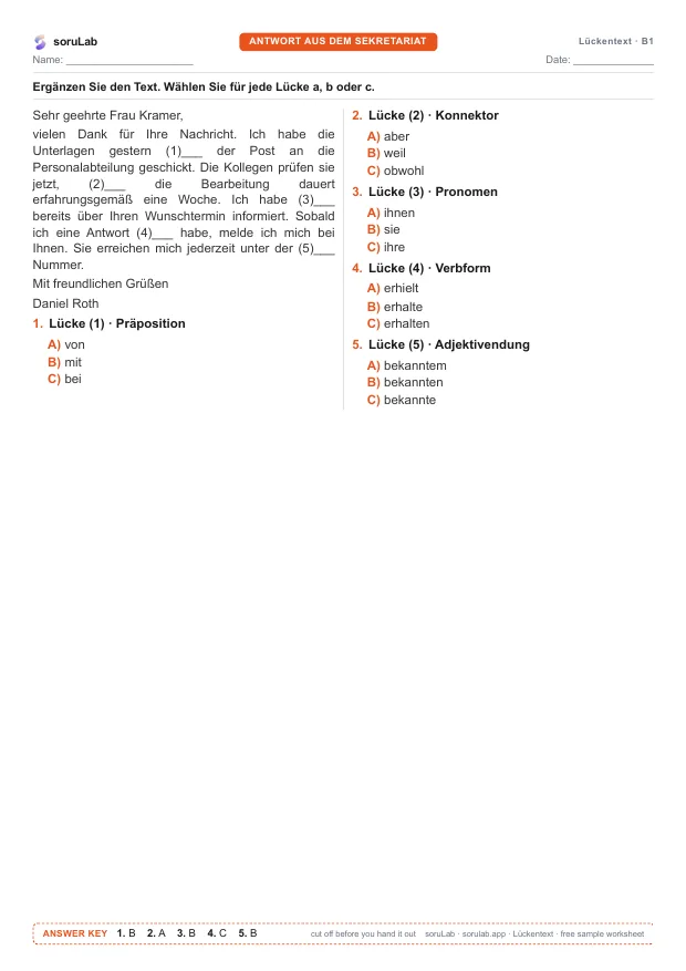 German cloze test B1 — a reply from the office — first page of the worksheet
