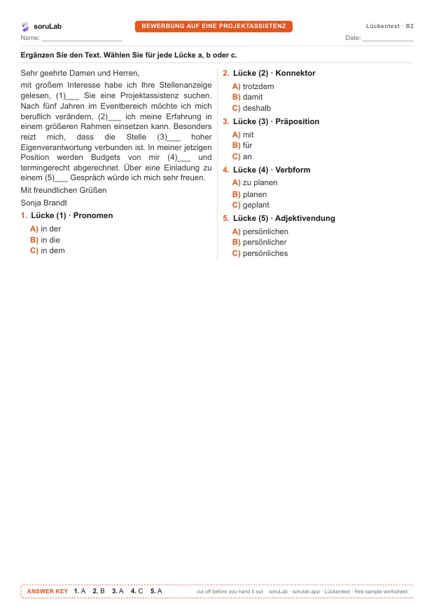 German cloze test B2 — a job application — first page of the worksheet