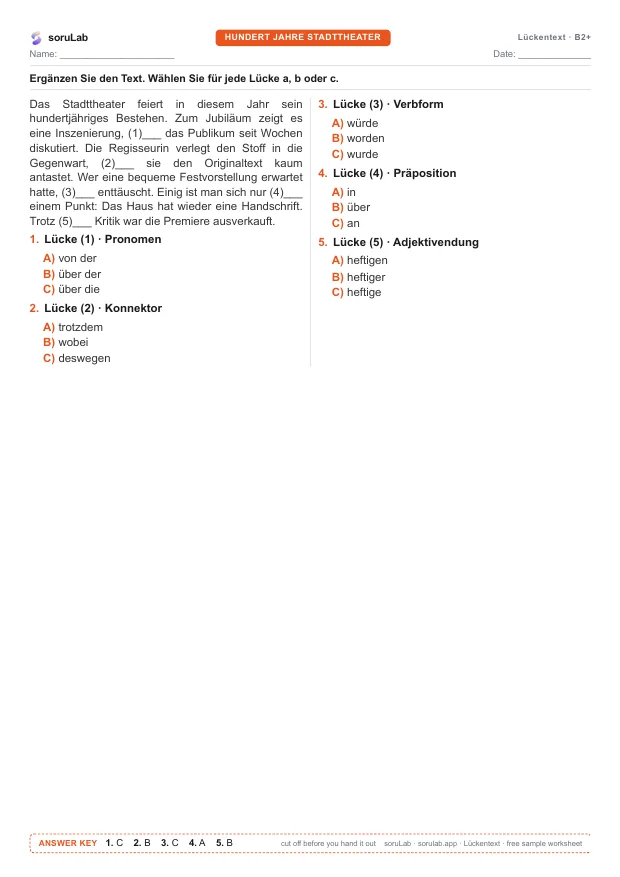 German cloze test B2+ — a theatre anniversary — first page of the worksheet