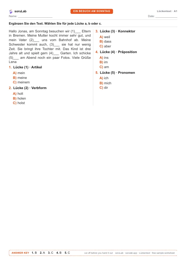 German cloze test A1 — a family visit — first page of the worksheet