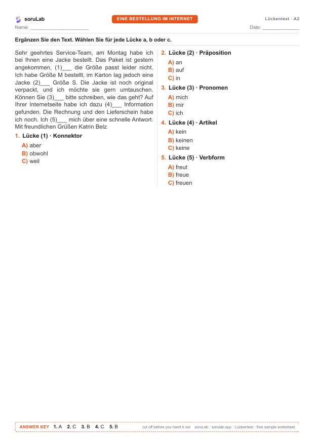 German cloze test A2 — an online order — first page of the worksheet