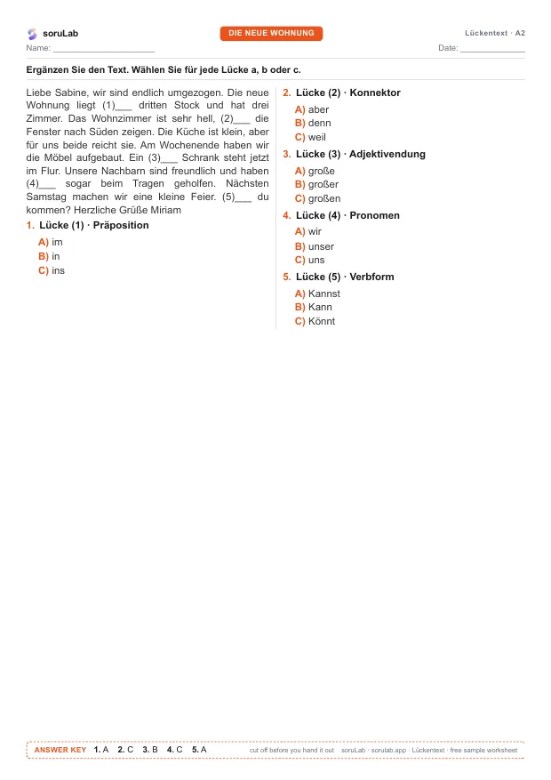 German cloze test A2 — a new flat — first page of the worksheet