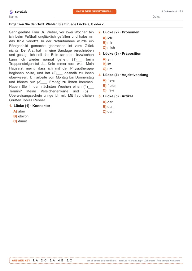 German cloze test B1 — after a sports injury — first page of the worksheet