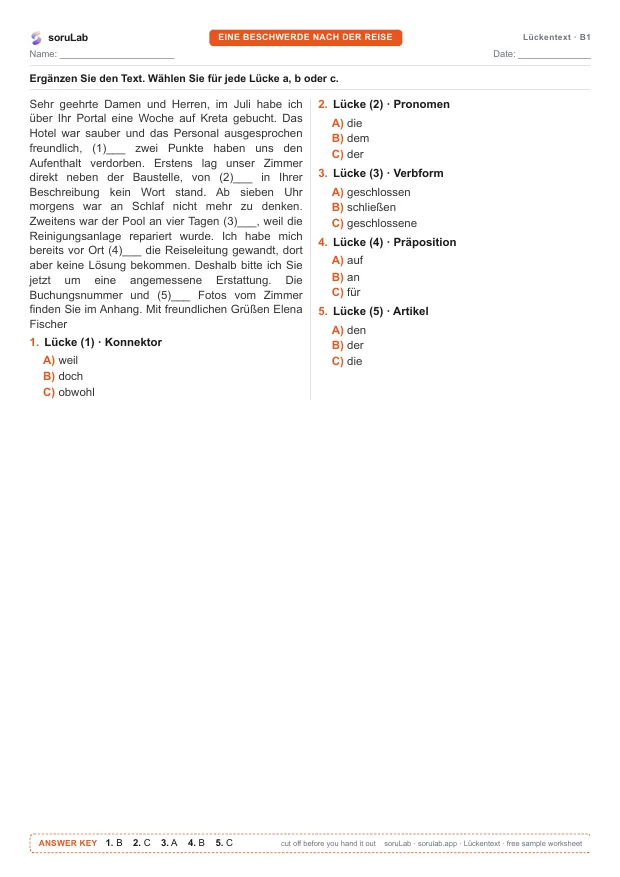 German cloze test B1 — a holiday complaint — first page of the worksheet