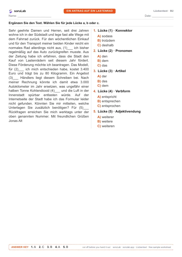 German cloze test B2 — a cargo bike application — first page of the worksheet