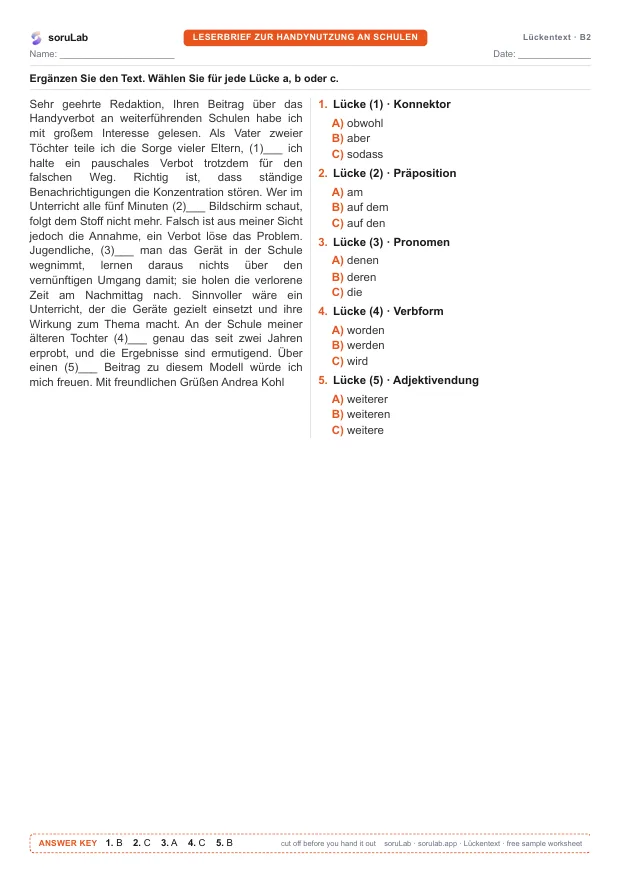 German cloze test B2 — phones at school — first page of the worksheet