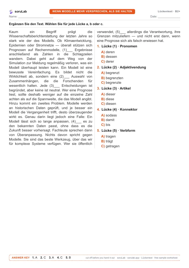 German cloze test B2+ — the limits of models — first page of the worksheet
