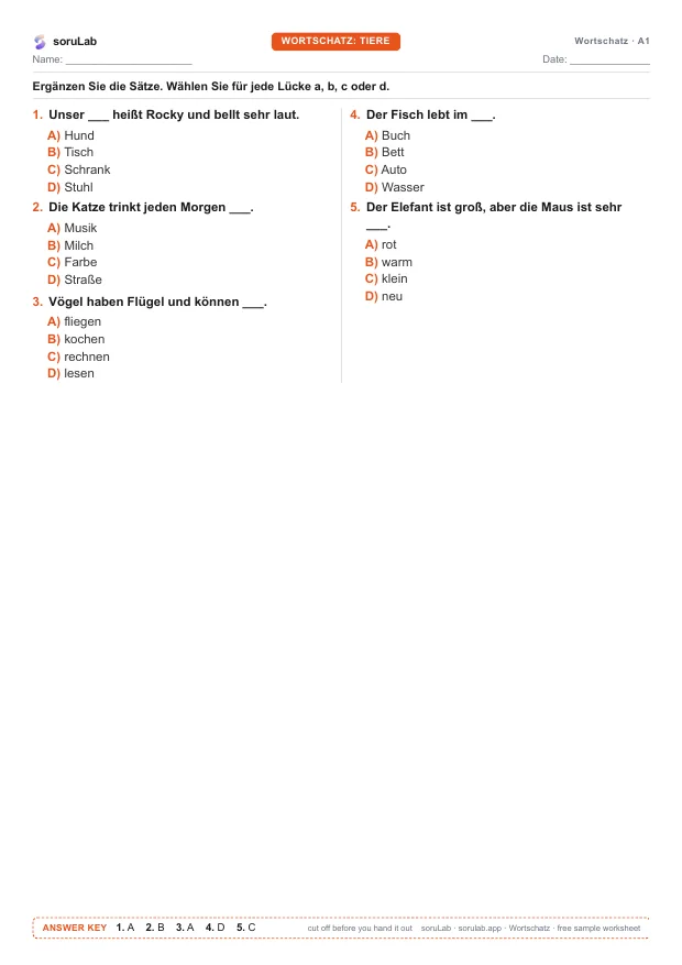 German vocabulary A1 — animals — first page of the worksheet