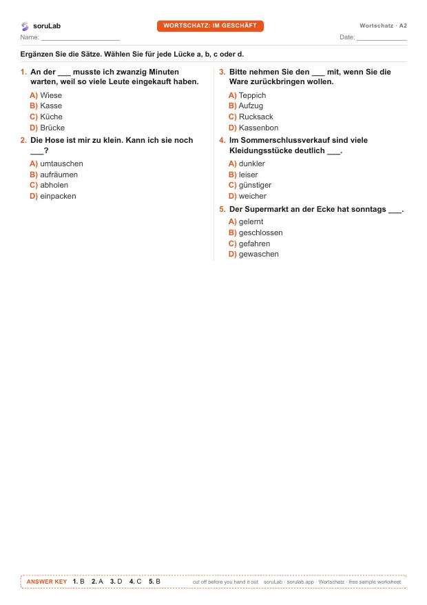 German vocabulary A2 — in the shop — first page of the worksheet