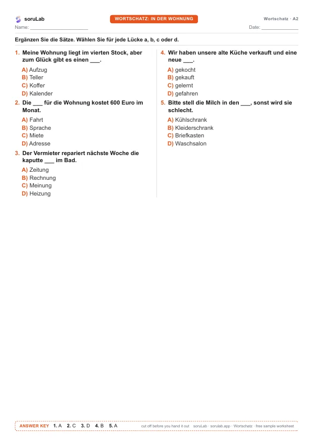 German vocabulary A2 — in the flat — first page of the worksheet