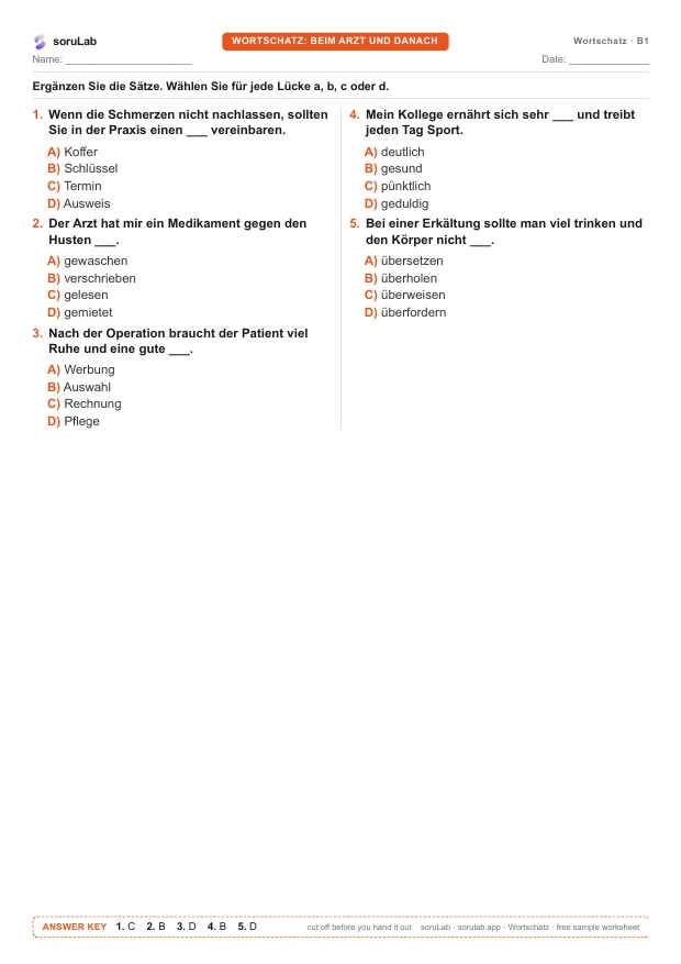 German vocabulary B1 — at the doctor — first page of the worksheet