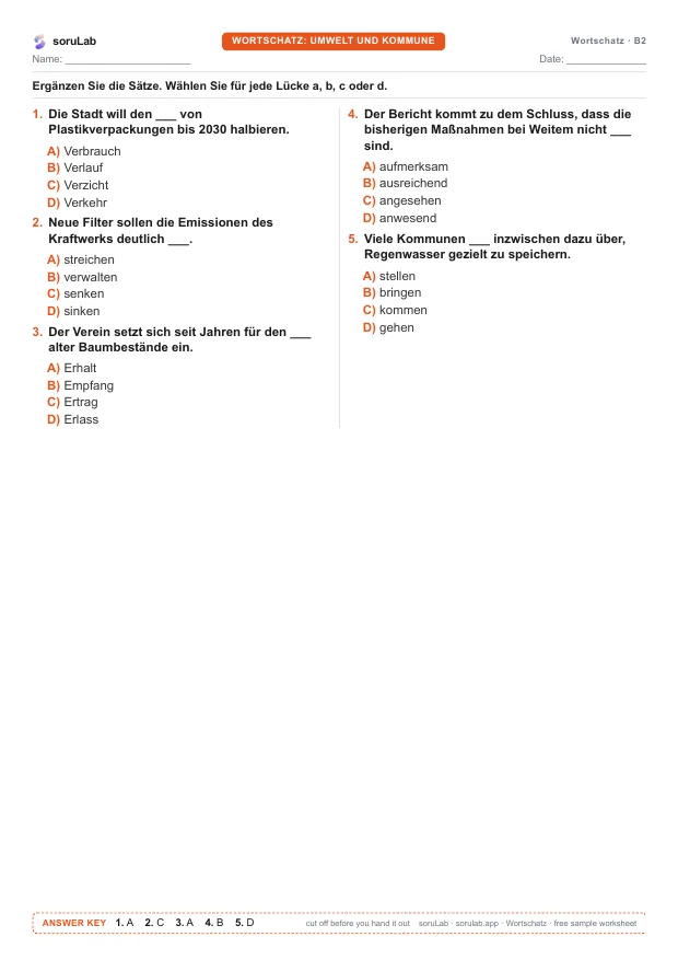 German vocabulary B2 — environment and council — first page of the worksheet