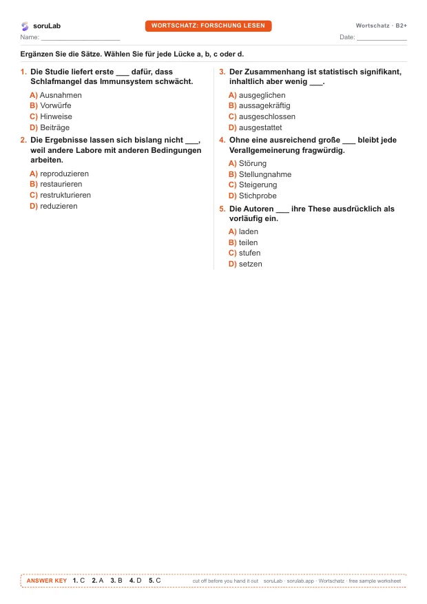 German vocabulary B2+ — reading research — first page of the worksheet