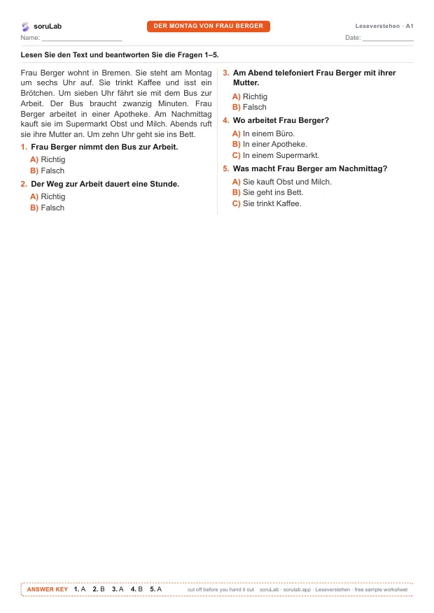 German reading A1 — a Monday routine — first page of the worksheet