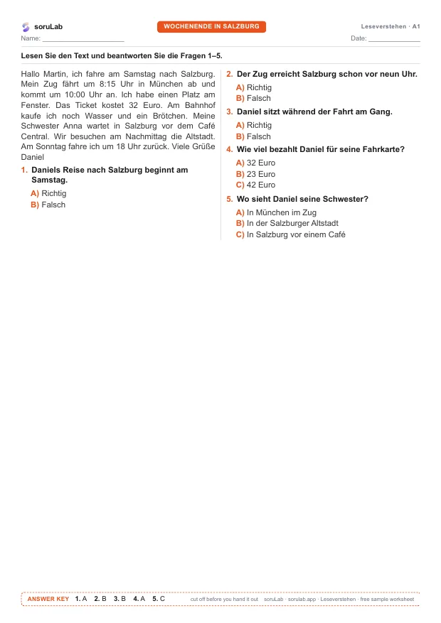 German reading A1 — a weekend in Salzburg — first page of the worksheet