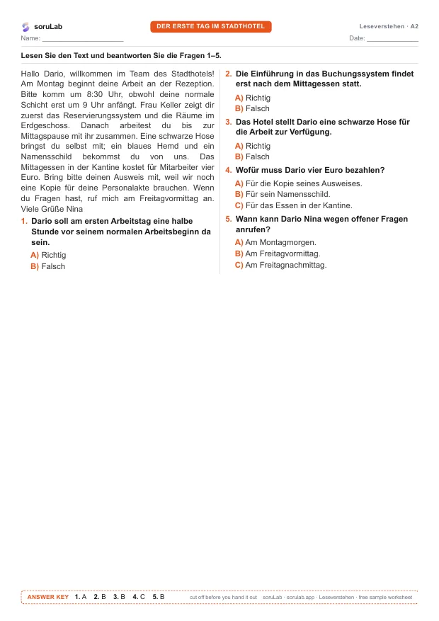 German reading A2 — a first day at work — first page of the worksheet