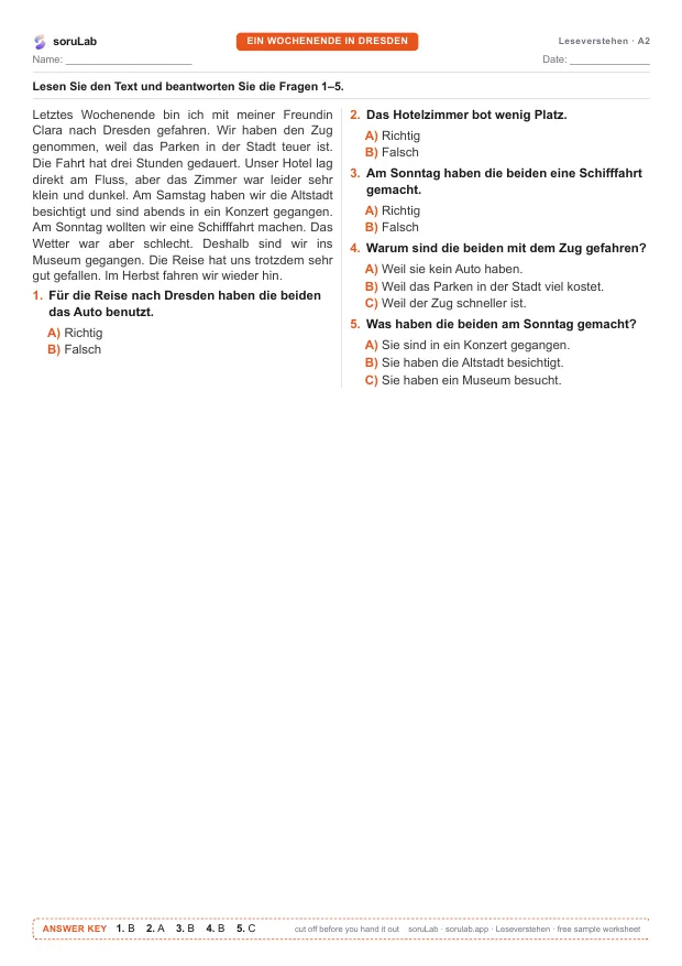 German reading A2 — a weekend in Dresden — first page of the worksheet