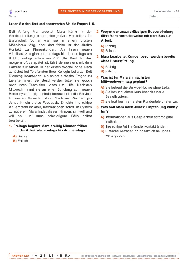German reading B1 — starting in customer service — first page of the worksheet