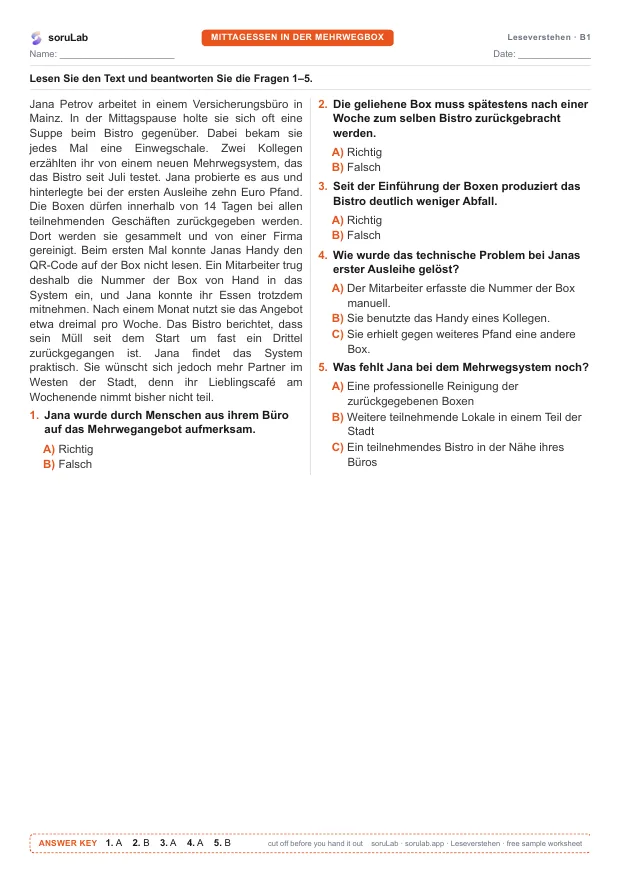 German reading B1 — lunch in a reusable box — first page of the worksheet