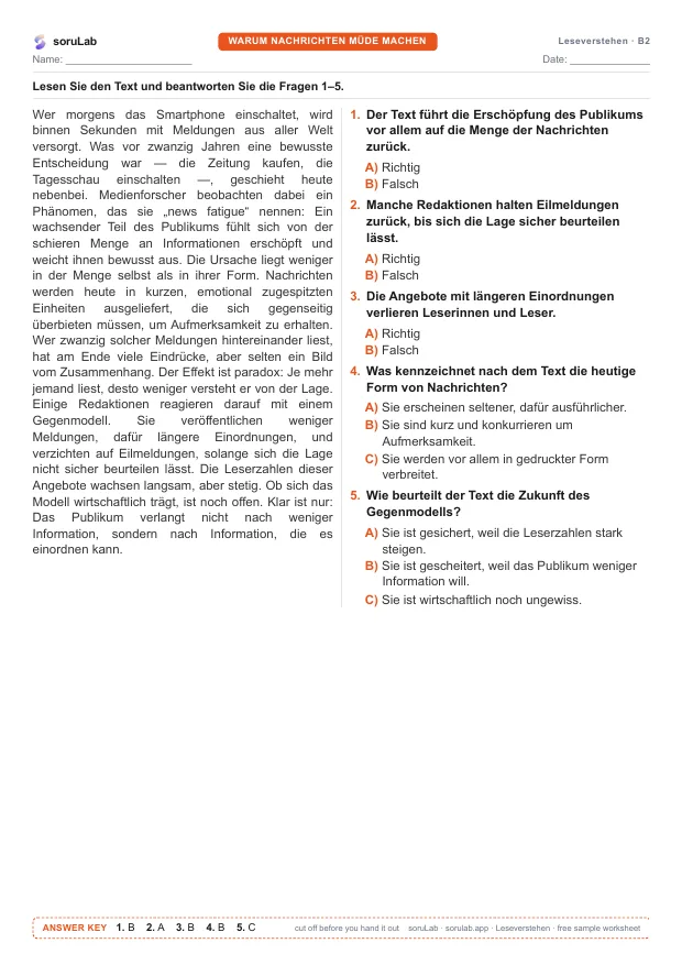 German reading B2 — why the news tires you — first page of the worksheet