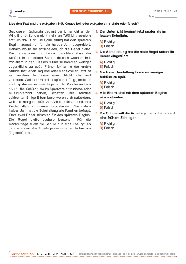 DSD I · Teil 3 · A2 — Der neue Stundenplan — kâğıdın ilk sayfası