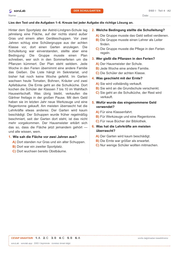DSD I · Teil 4 · A2 — Der Schulgarten — kâğıdın ilk sayfası