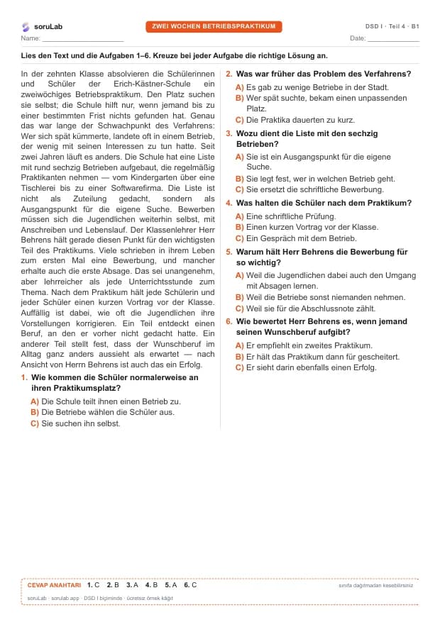 DSD I · Teil 4 · B1 — Zwei Wochen Betriebspraktikum — kâğıdın ilk sayfası