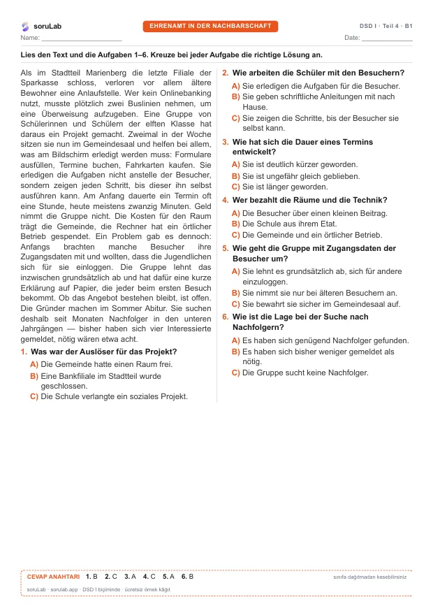 DSD I · Teil 4 · B1 — Ehrenamt in der Nachbarschaft — kâğıdın ilk sayfası