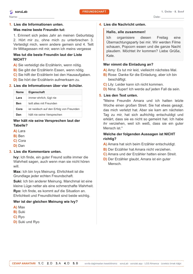 LGS Almanca — Freundschaft — çalışma kâğıdının ilk sayfası