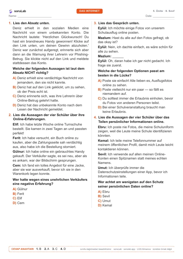 LGS Almanca — Das Internet — çalışma kâğıdının ilk sayfası