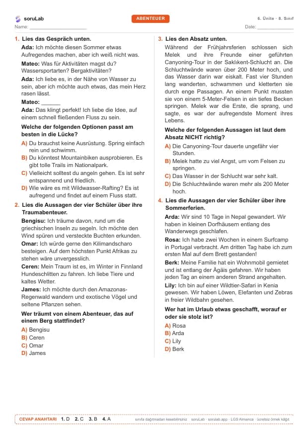 LGS Almanca — Abenteuer — çalışma kâğıdının ilk sayfası