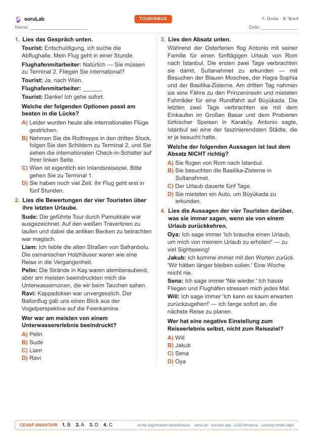 LGS Almanca — Tourismus — çalışma kâğıdının ilk sayfası