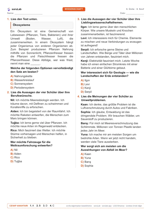 LGS Almanca — Wissenschaft — çalışma kâğıdının ilk sayfası