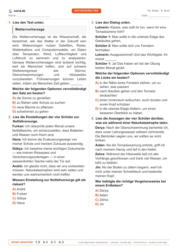 LGS Almanca — Naturgewalten — çalışma kâğıdının ilk sayfası