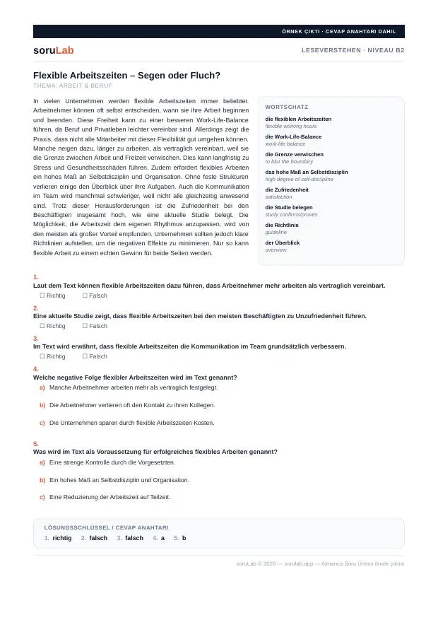 German Leseverstehen B2 — work and career — first page of the worksheet