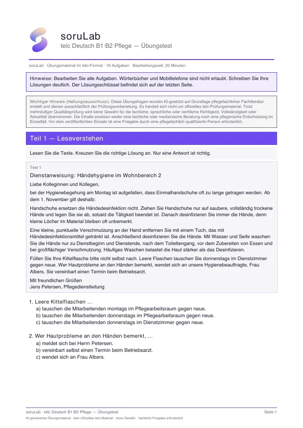 telc B1·B2 Pflege — Übungstest — çalışma kâğıdının ilk sayfası