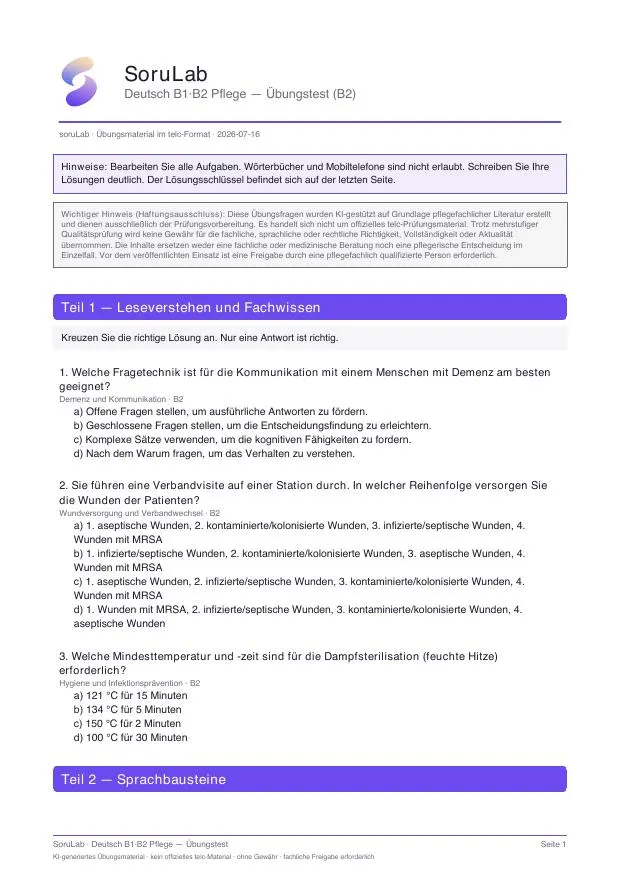 First page of the telc B2 Pflege sample PDF