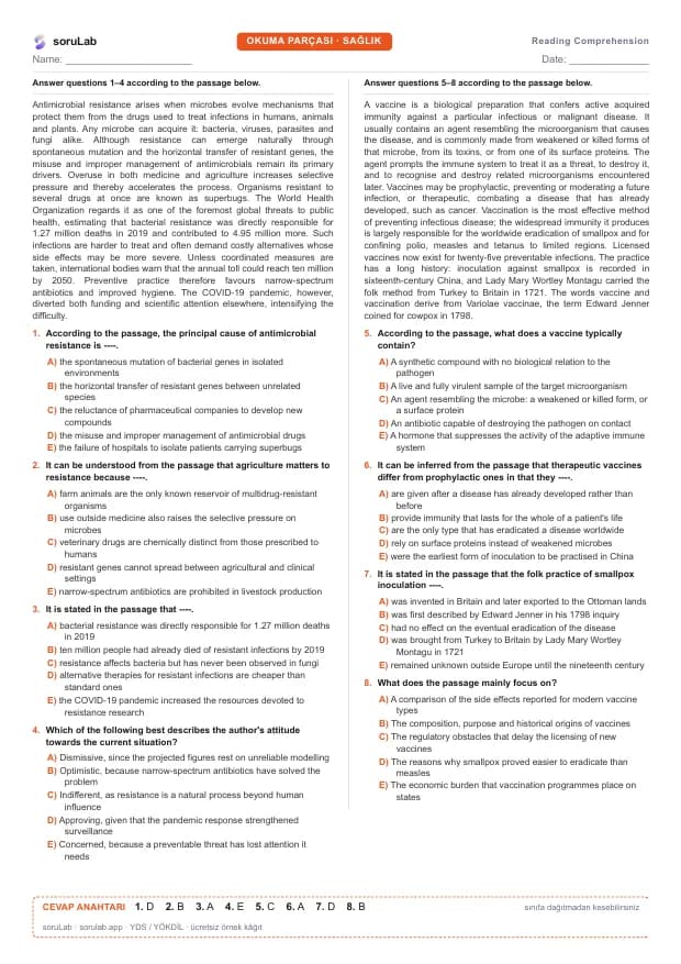 YDS Reading Comprehension — Antibiyotik direnci ve aşı — çalışma kâğıdının ilk sayfası