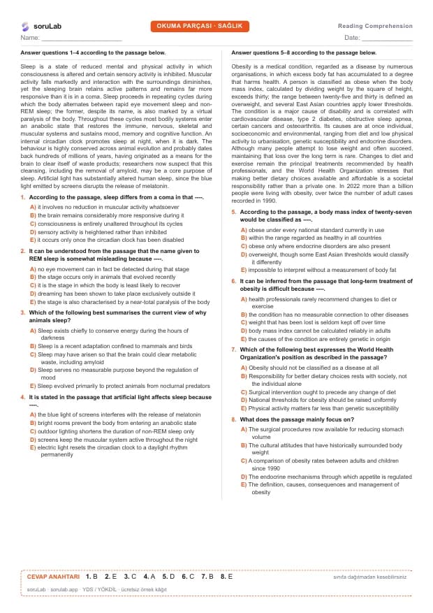 YDS Reading Comprehension — Uyku ve obezite — çalışma kâğıdının ilk sayfası