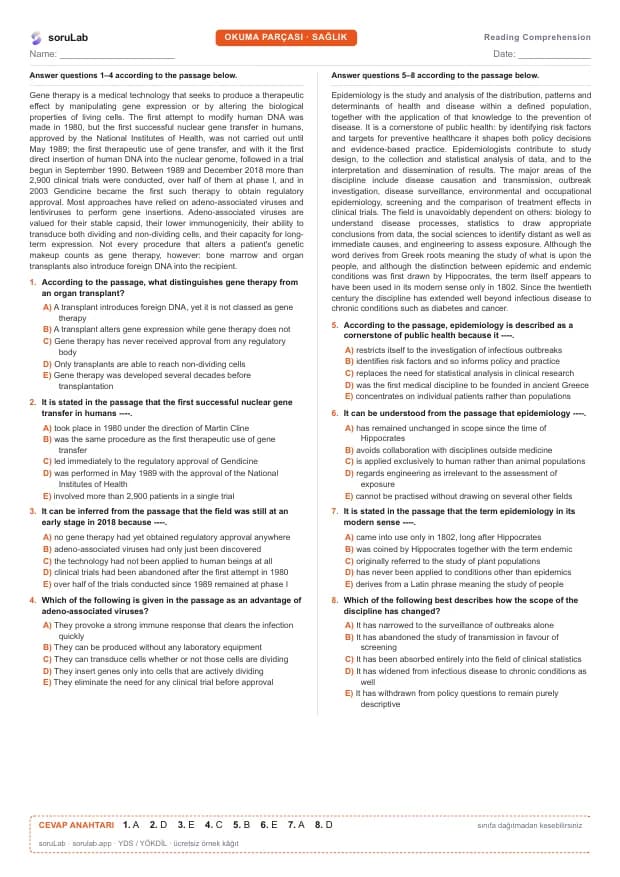 YDS Reading Comprehension — Gen tedavisi ve epidemiyoloji — çalışma kâğıdının ilk sayfası
