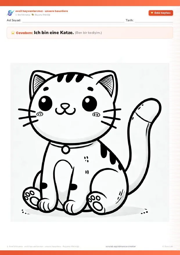 Almanca hayvanlar — kedi — çalışma kâğıdının ilk sayfası